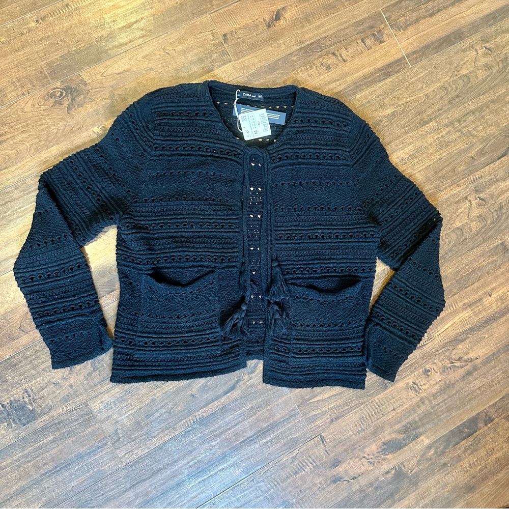 Zara Knit Tassel Crochet Black Cardigan Sz- M - Picture 2 of 7